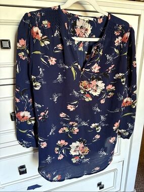 Floral Split-Neck Blouse - Navy